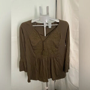 J. JILL‎ Women's Green Floral Embroidered Bell Sleeve Tunic Top Medium